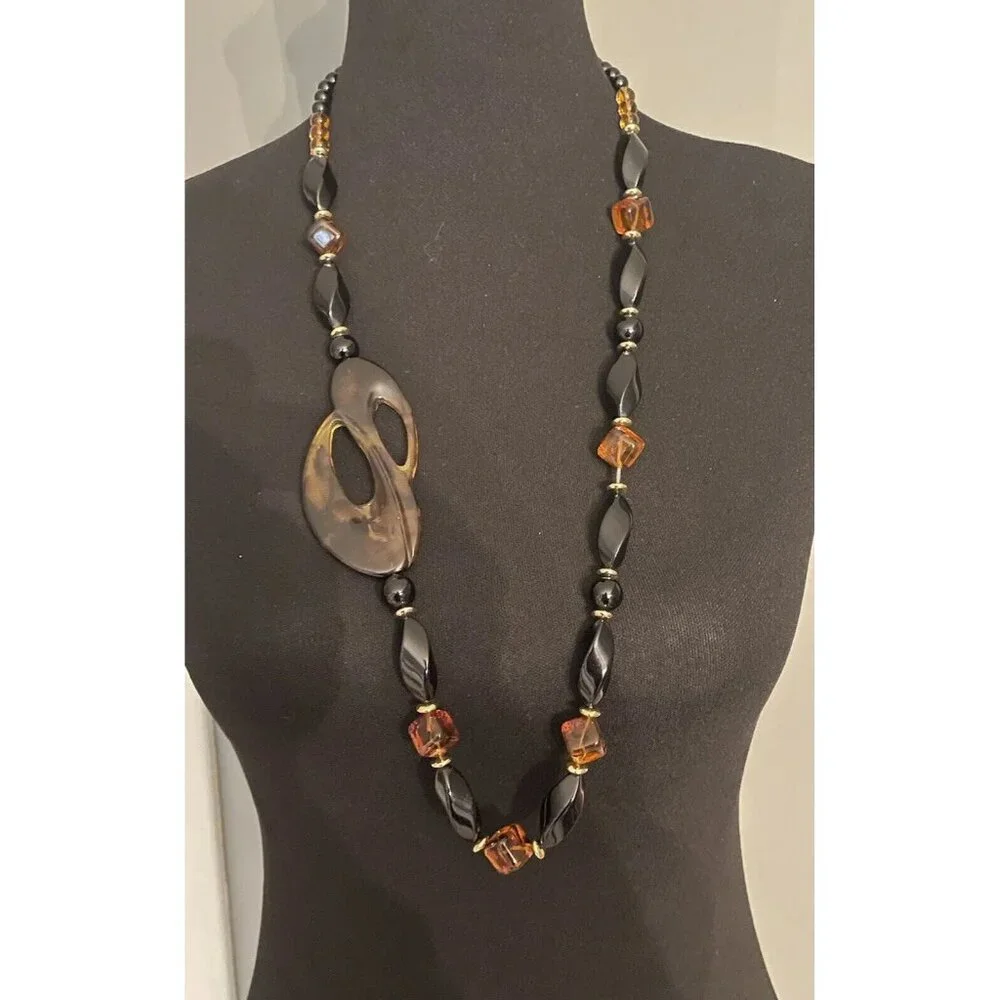 Faux Tortoise Shell Vintage Lucite Statement Necklace‎ Brown Long Black